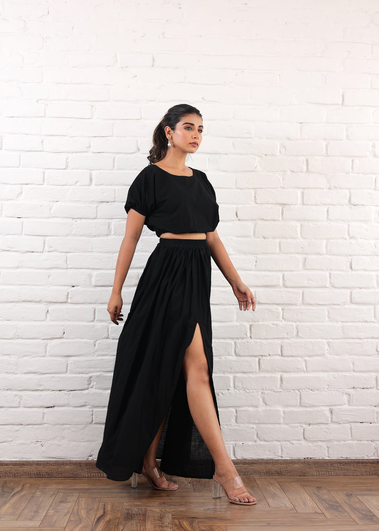 Black slit skirt with waist crop top