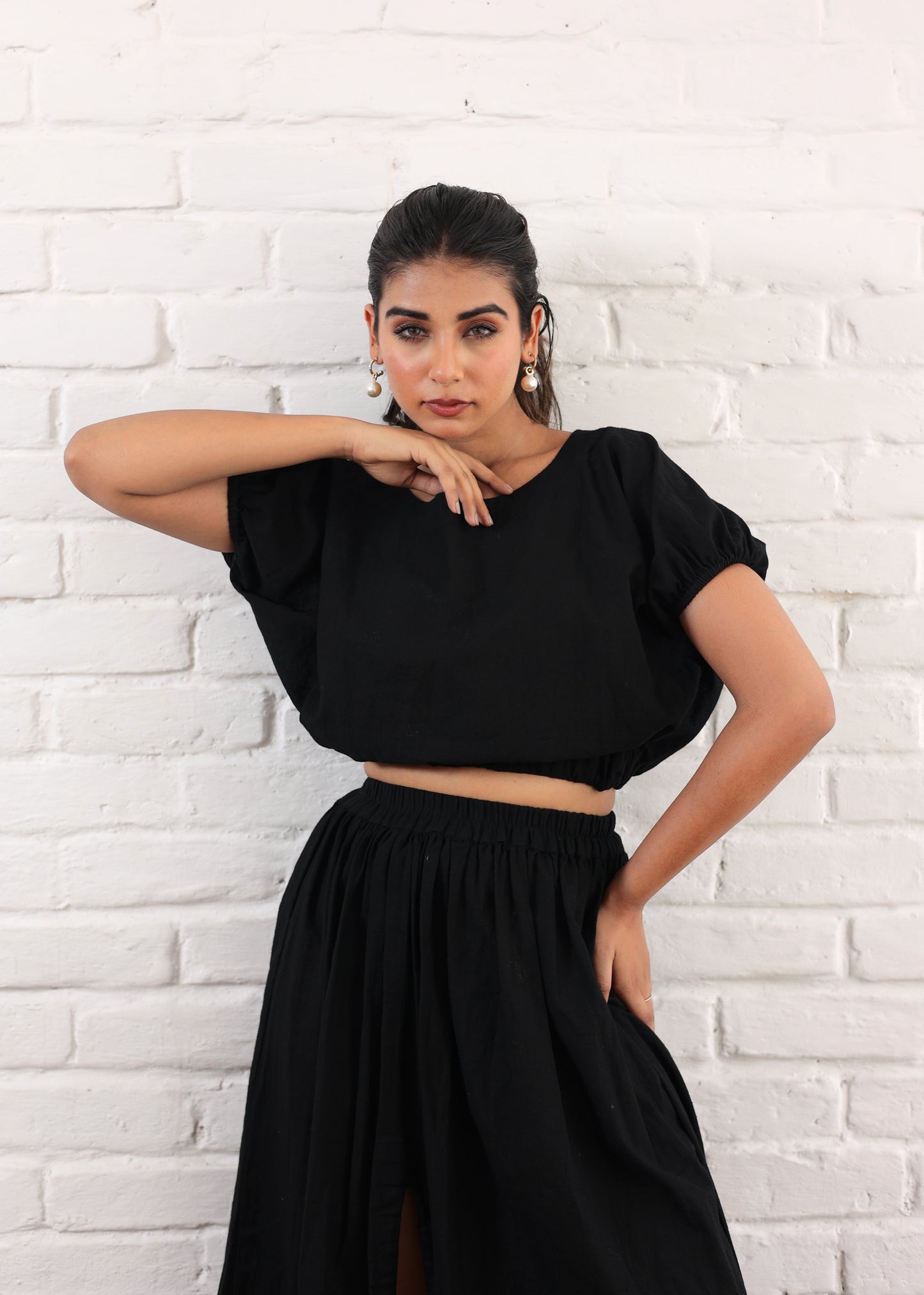 Black slit skirt with waist crop top