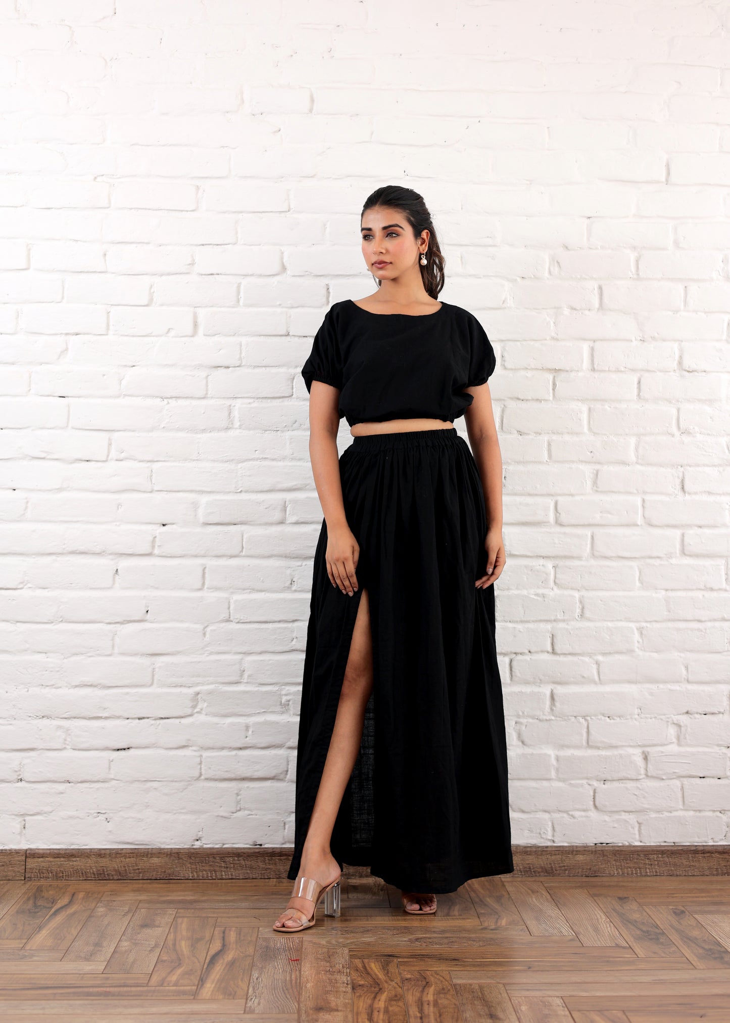 Black slit skirt with waist crop top
