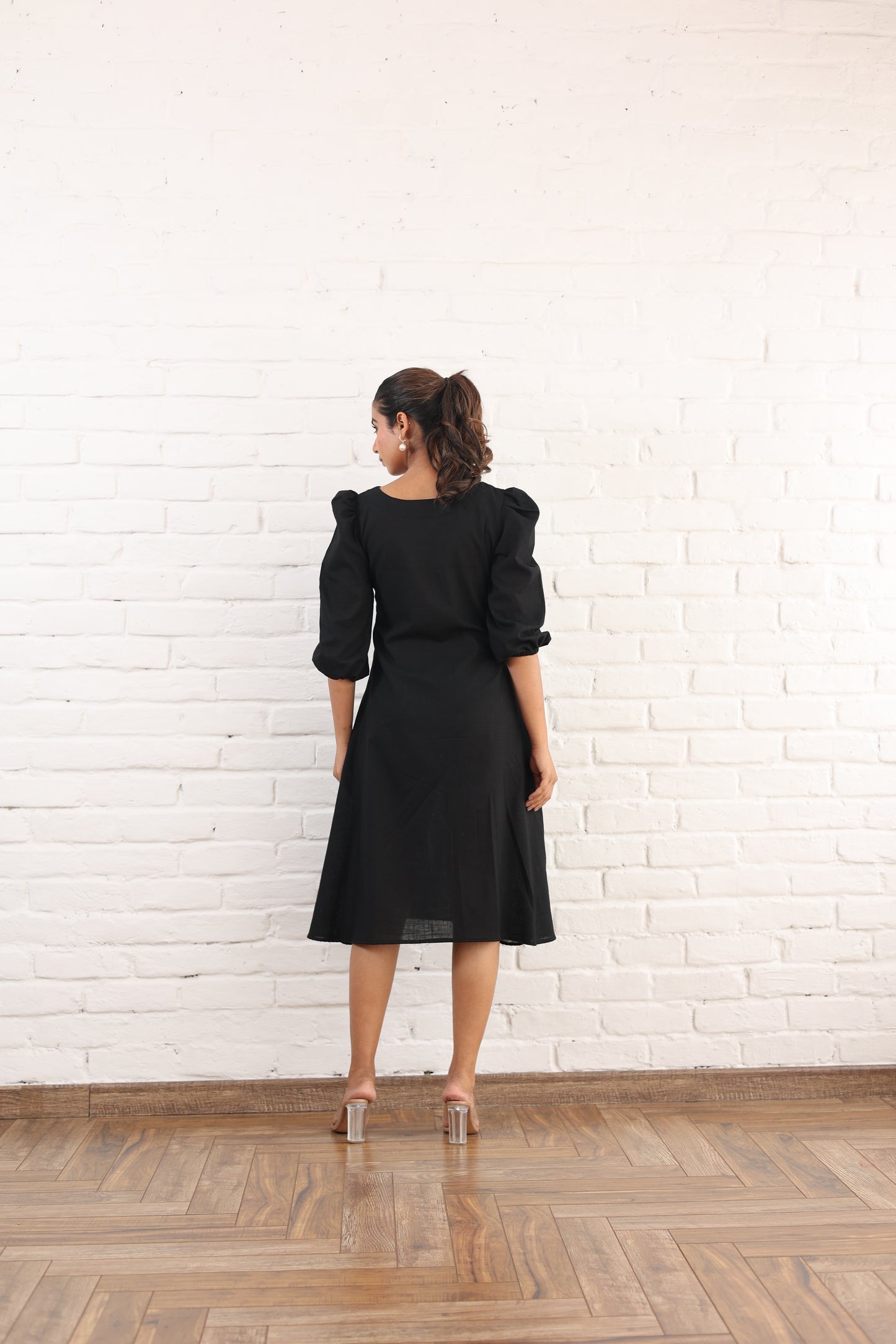 Black A-line dress with Puffy Sleeve