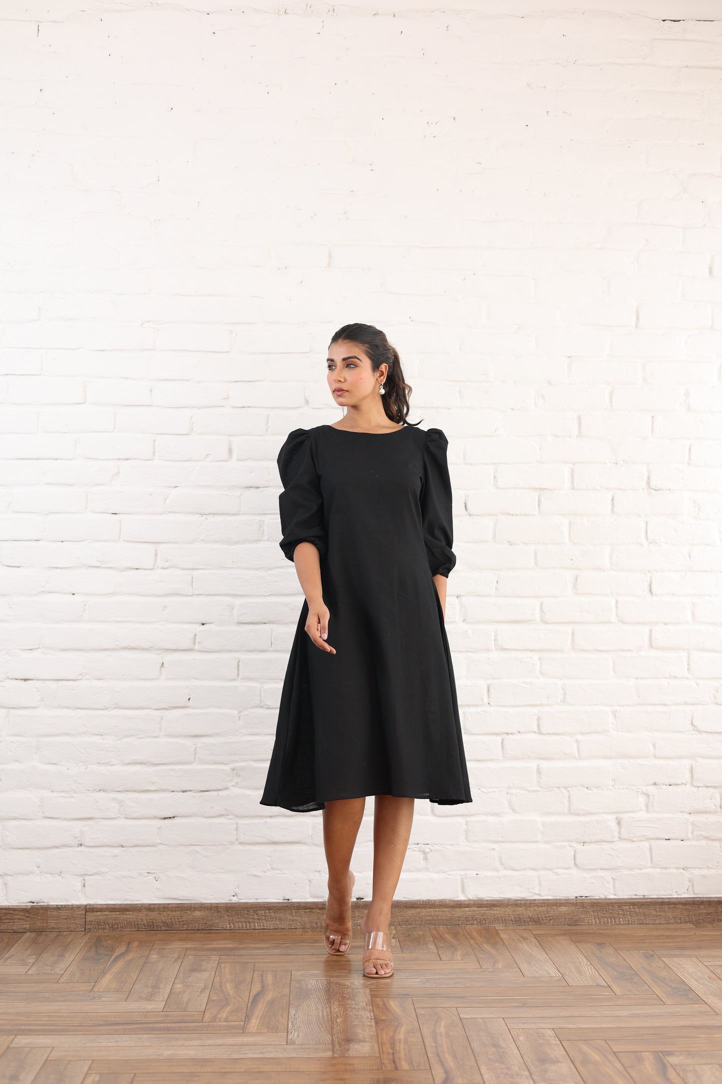 Black A-line dress with Puffy Sleeve