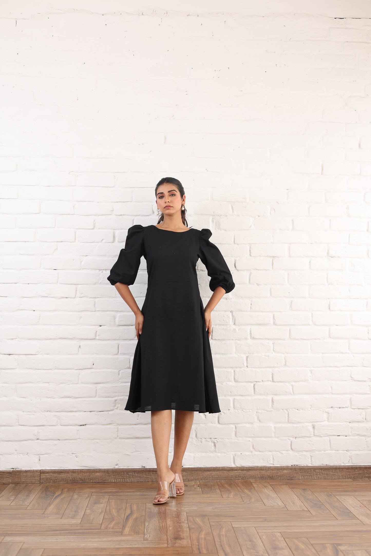 Black A-line dress with Puffy Sleeve