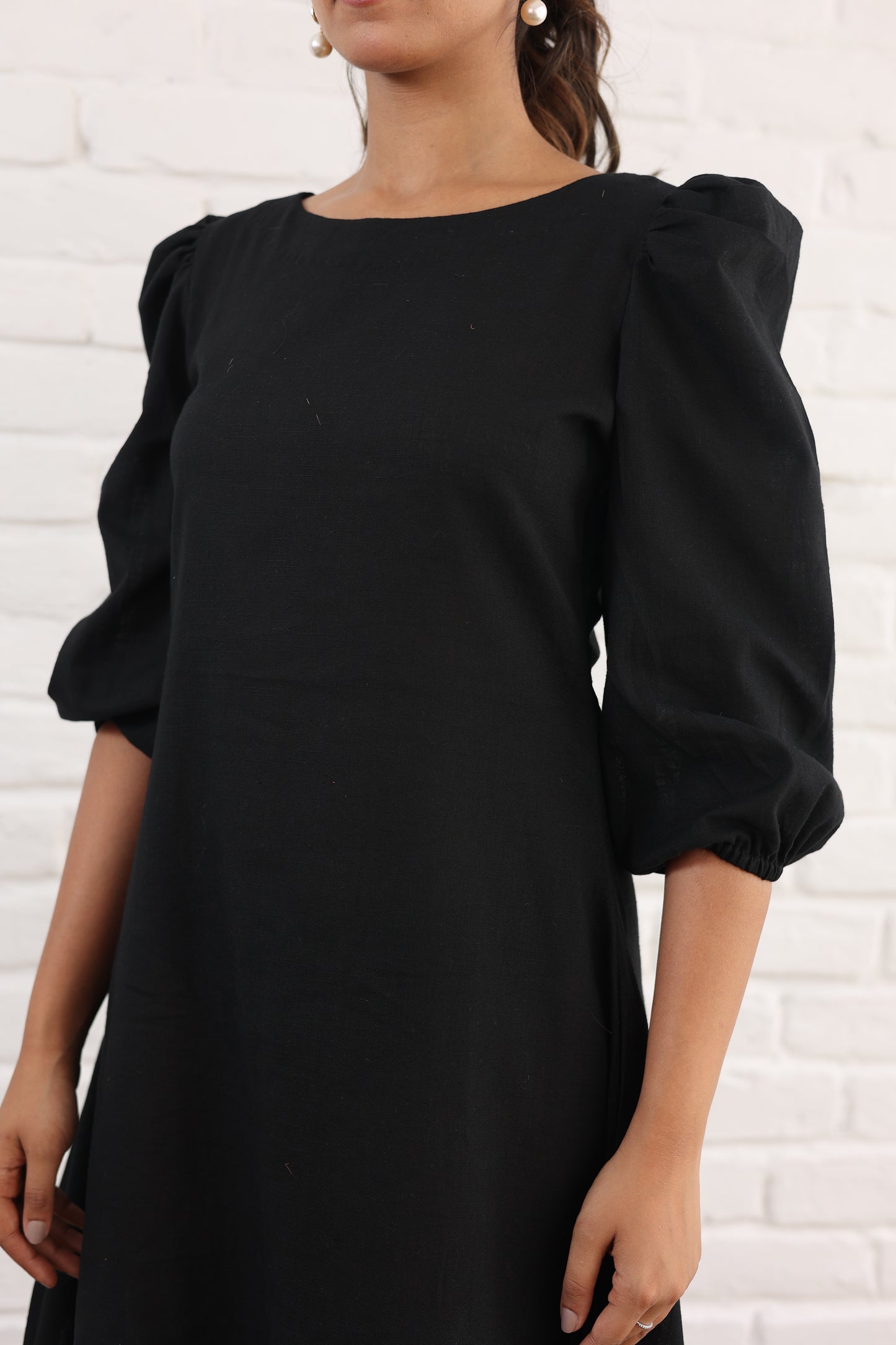 Black A-line dress with Puffy Sleeve