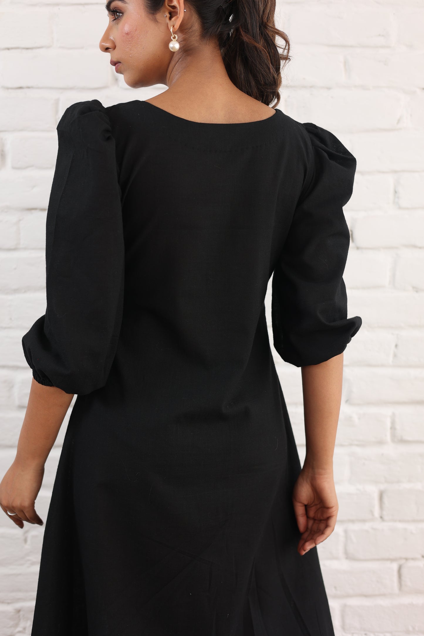 Black A-line dress with Puffy Sleeve