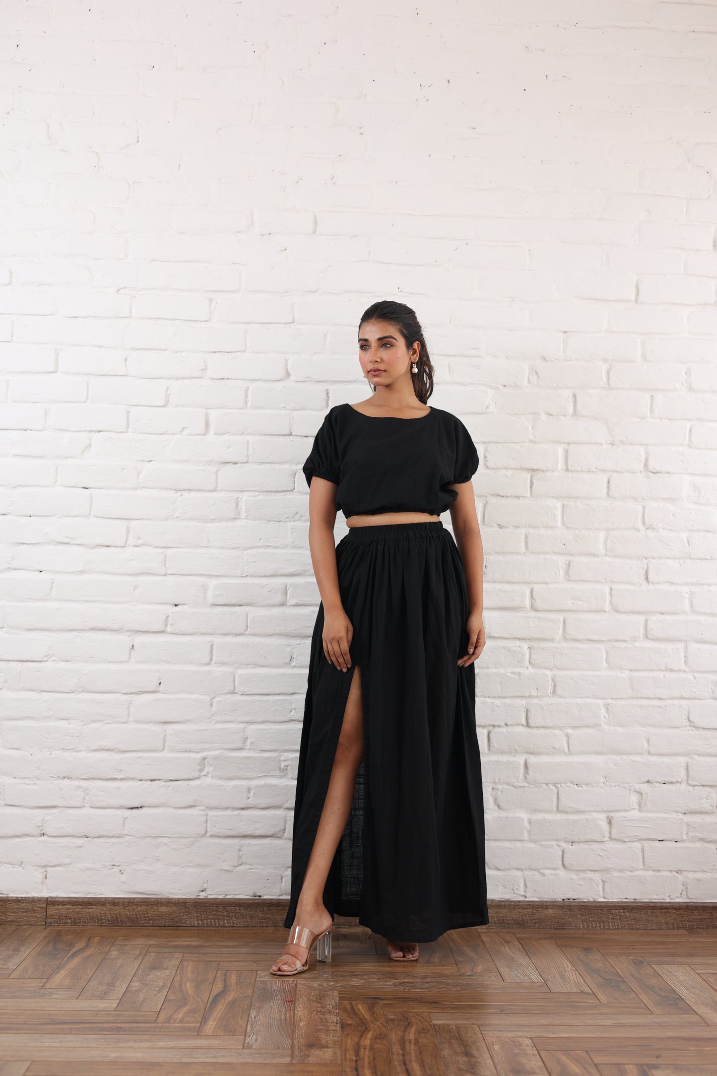 Black slit skirt with waist crop top