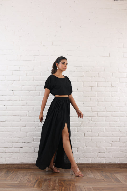 Black slit skirt with waist crop top