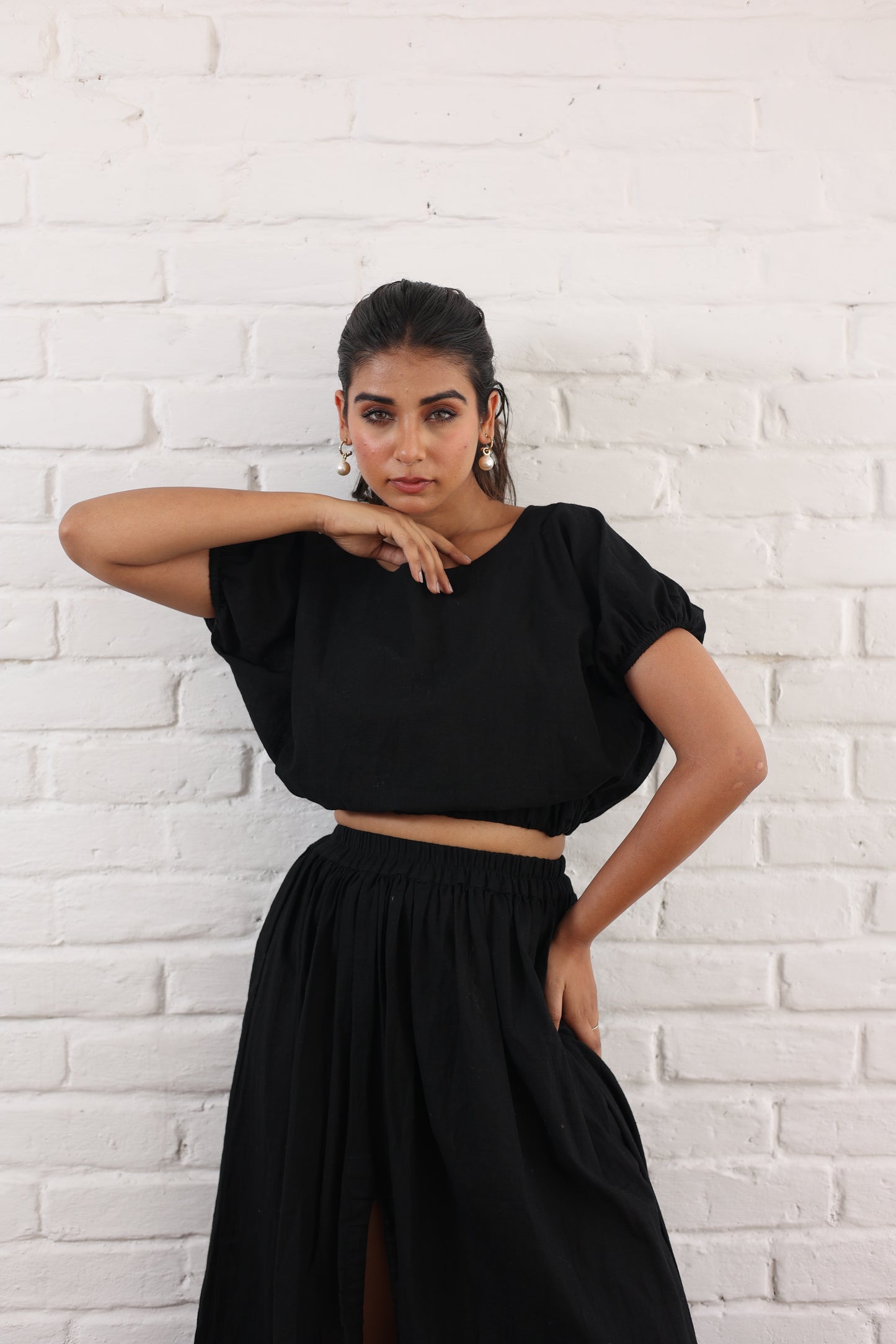 Black slit skirt with waist crop top