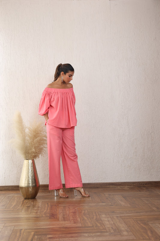 Pink off shoulder top with Trouser