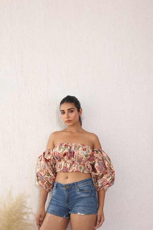 Printed off shoulder top