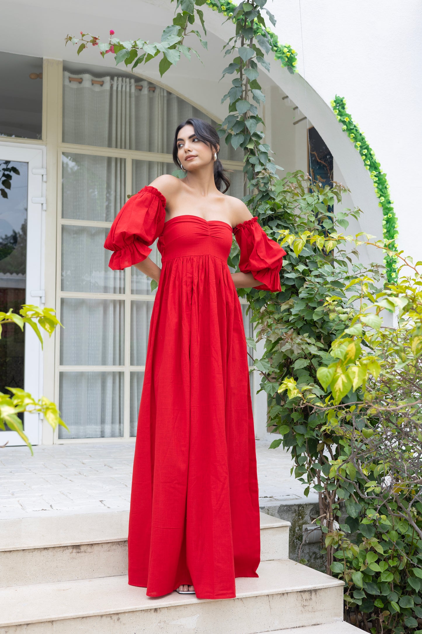 Red long midi dress