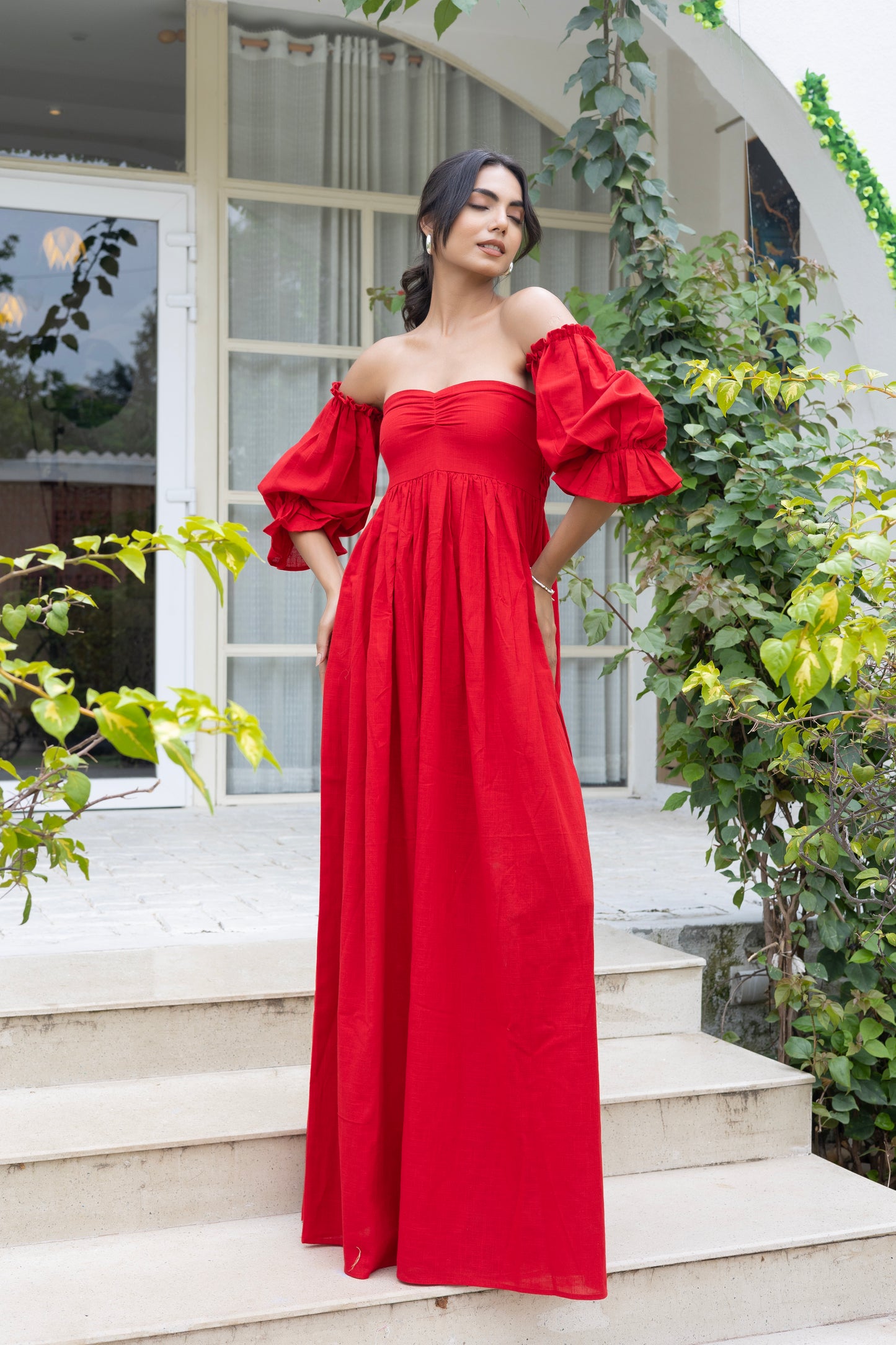 Red long midi dress