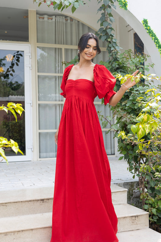 Red long midi dress