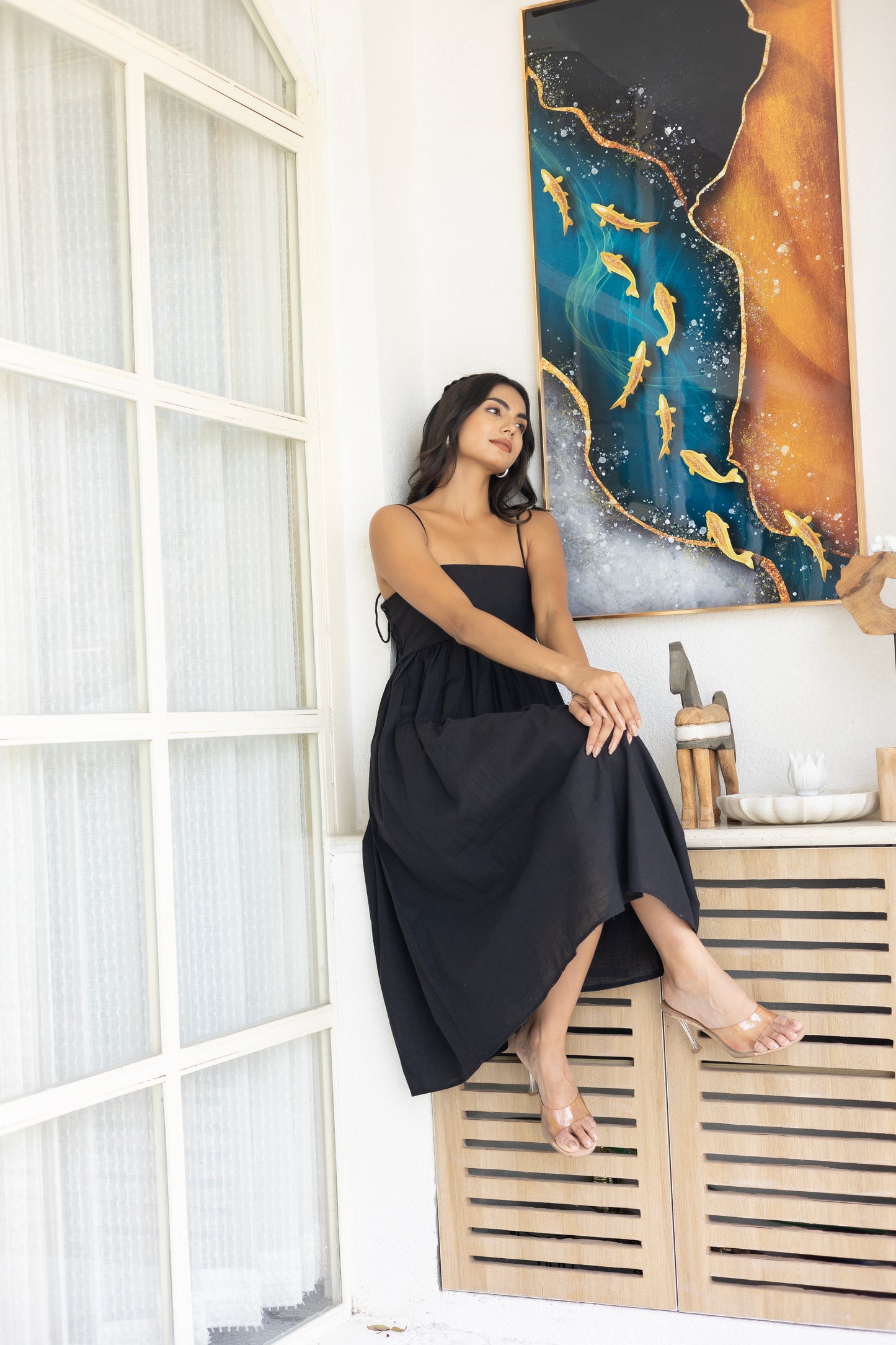 Black cotton midi dress