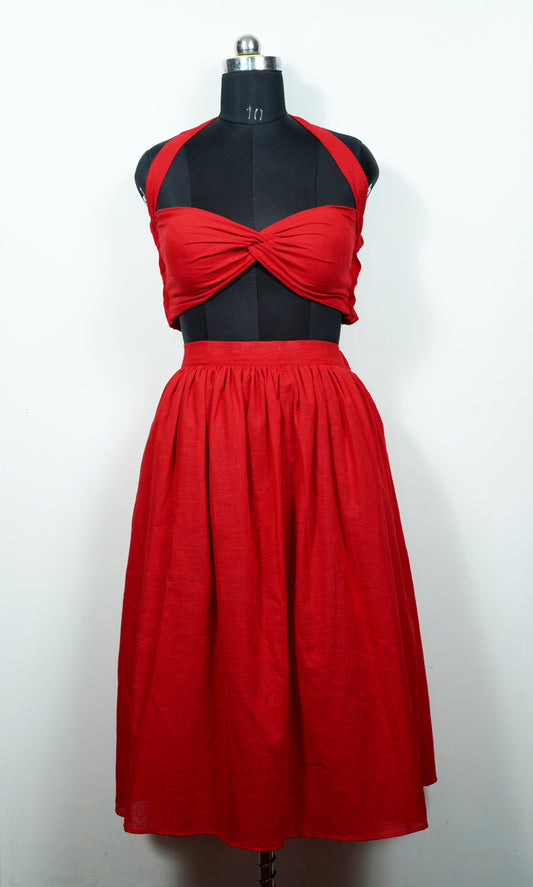 Red Bandeau top with plates skirt