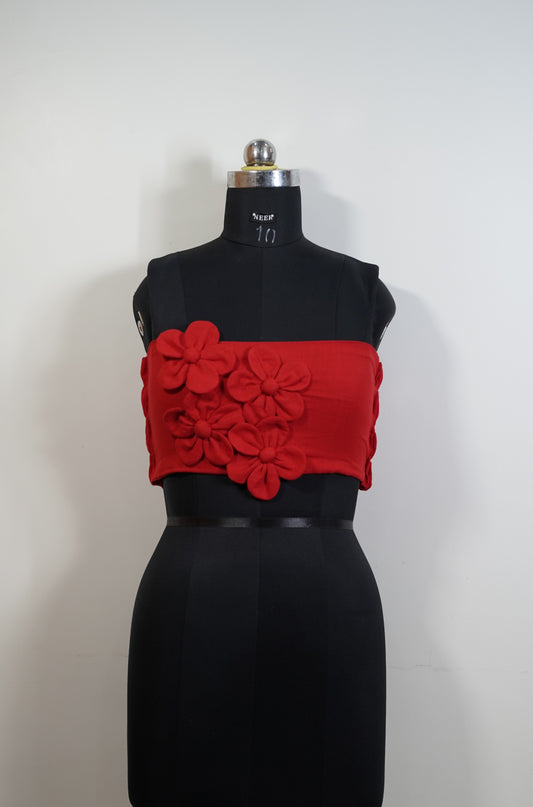 Red off shoulder top with handcrafted flowers