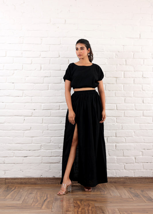 Black slit skirt with waist crop top